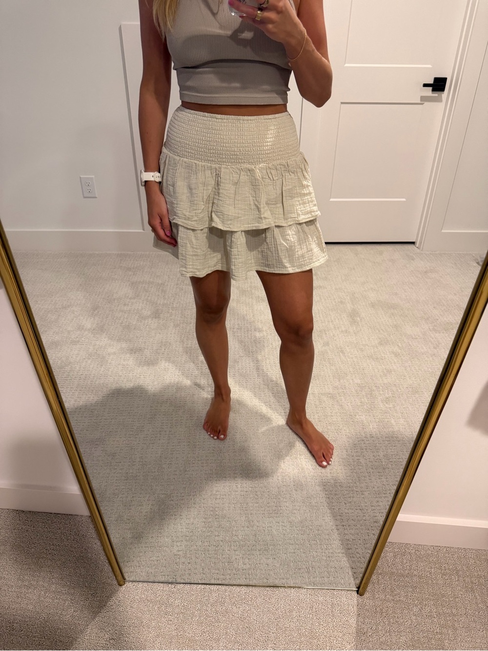 Smocked Waist Tiered Mini Skirt - Cream